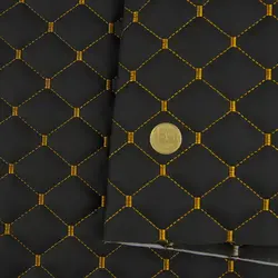 Стьобаний шкірозамінник "Ромб" чорний із темно-золотою ниткою, на поролоні 7мм, флізеліні, ширина 1,35м Туреччина