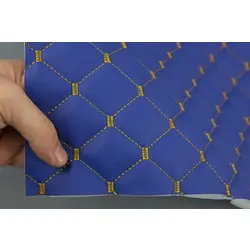 Стьобаний шкірозамінник "Ромб синій" із темно-золотою ниткою, на поролоні 7мм, флізеліні, ширина 1,35м, Туреччина
