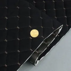 Велюр стьобаний «Ромб чорний прошитий темно-коричневою ниткою» на поролоні 7мм та флізеліні, ширина 135см