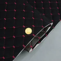 Велюр стьобаний «Ромб чорний прошитий червоною ниткою» на поролоні 7мм та флізеліні, ширина 135см