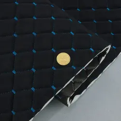 Велюр стьобаний «Ромб чорний прошитий бірюзовою ниткою» на поролоні 7мм та флізеліні, ширина 135см