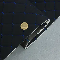 Велюр Venus стьобаний "Ромб чорний прошитий синьою ниткою" на поролоні 6мм та флізеліні, ширина 140см