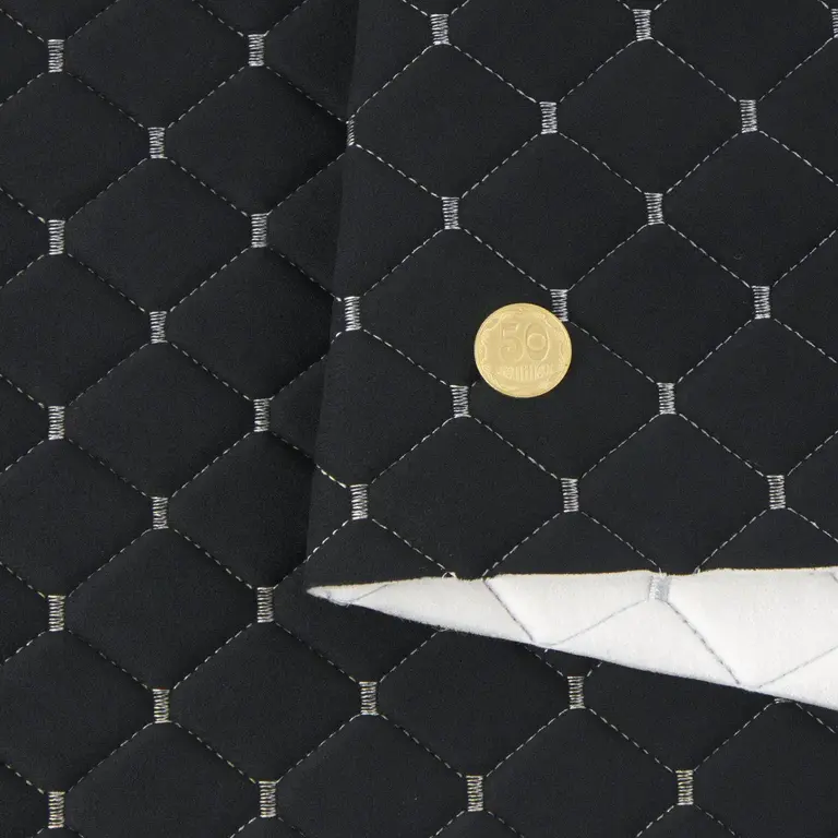Стьобаний велюр Венус «Чорний Ромб прошитий світло-сірою ниткою» на поролоні 6мм – преміальний оббивний матеріал