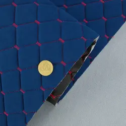 Велюр Venus стьобаний «Темно-синій Ромб прошитий червоною ниткою» на поролоні 6мм та флізеліні, ширина 140см